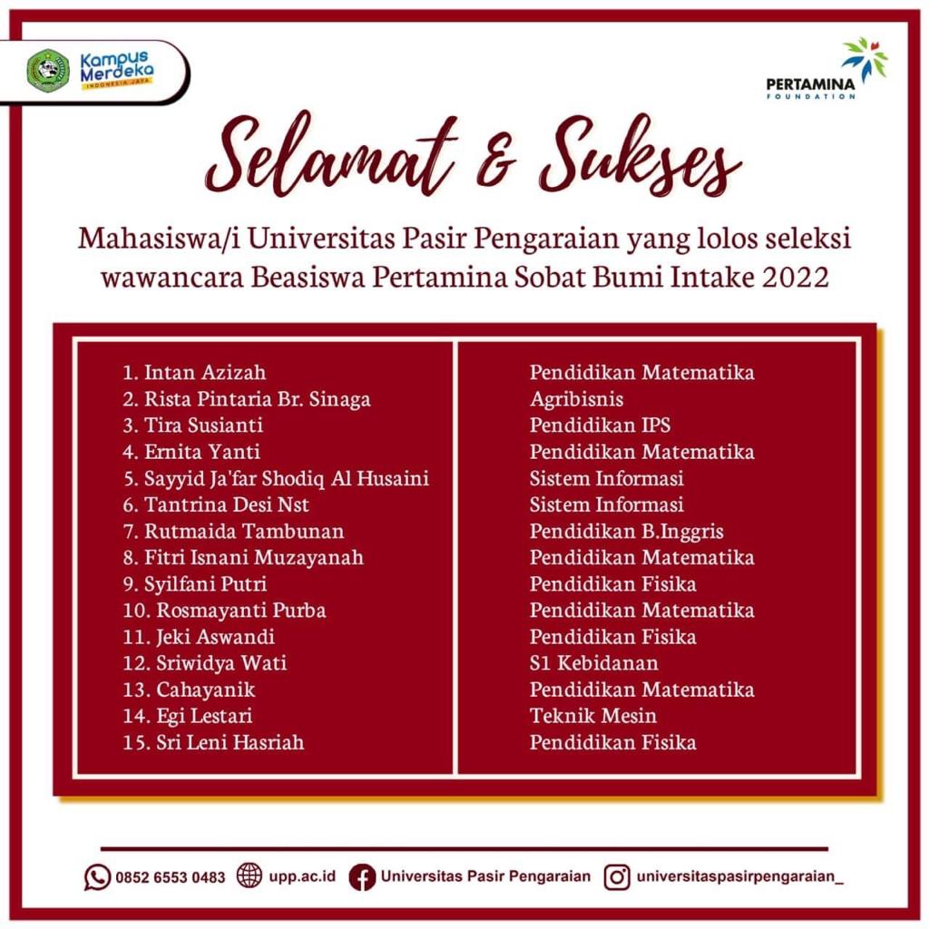 MAHASISWA UPP LOLOS SELEKSI WAWANCARA BEASISWA PERTAMINA SOBAT BUMI INTAKE 2022